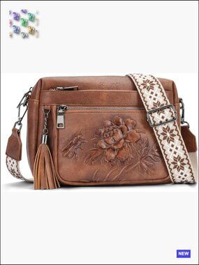 Vegan Leather Crossbody Bag Embossed Floral Design Adjustable Strap Travel